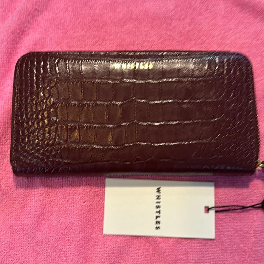 Long purse/walet, shiny croc Bordeaux color. WHISTLES BRAND. Made in England.